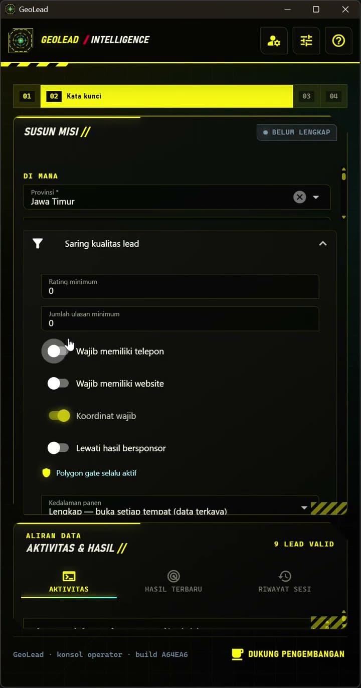 Tampilan software GeoLead saat menyusun misi pencarian calon pelanggan